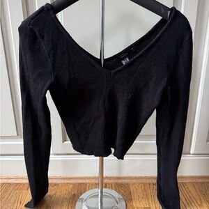 Black Ribbed V-Neck Long Sleeve Top, Forever 21